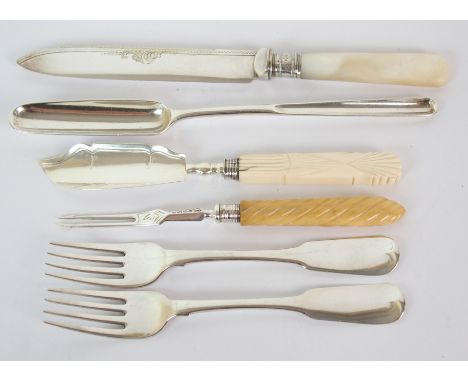 A George III silver marrow scoop by Alice & George Burrows, London 1802, 22cm long, with a pair of dessert forks by James Sco