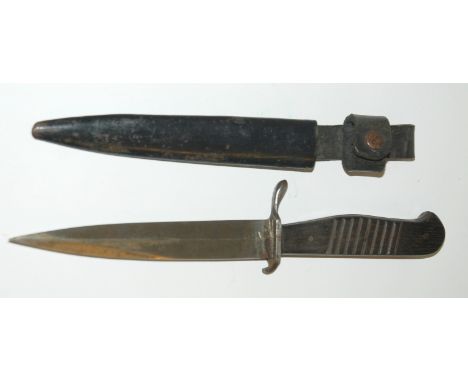 A German Fighting Dagger with ribbed wooden hilt in metal scabbard, the blade marked H Boker & Co., Solingen, 17.5cm long ove