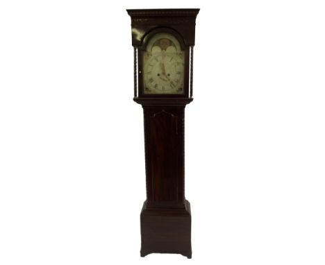 A 19th Century mahogany longcase clock the painted enamel face by James Allan, Kilmarnock, with moon phase, cottage and galle