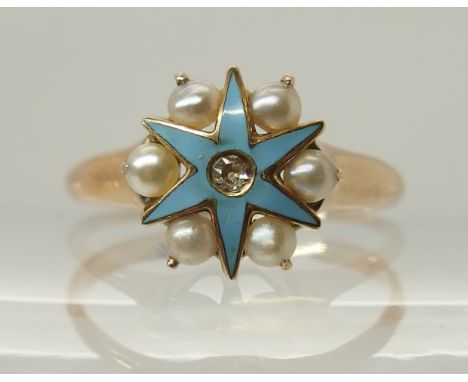 A rose colour metal pearl enamel and diamond star ring finger size O1/2, weight 2gms