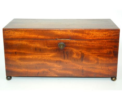 A Regency mahogany tea caddy with hinged lid, two division interior with hinged lidded canisters, lion mask handles on ball f