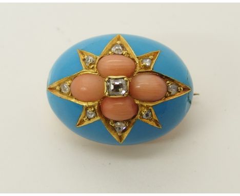 A bright yellow metal coral diamond and turquoise enamel star brooch dimensions of brooch 2cm x 1.5cm, weight 6.9gms