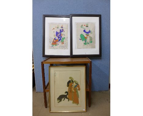 Two Chinese mixed media portrait paintings on rice paper and a print