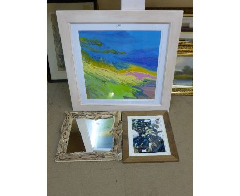 An abstract acrylic painting, mirror and a photograph
