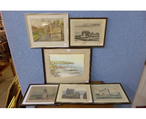 A set of four 19th Century engravings, two watercolours and gilt framed mirror