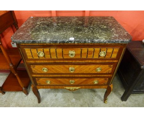A French Louis XV style inlaid kingwood and marble topped commode