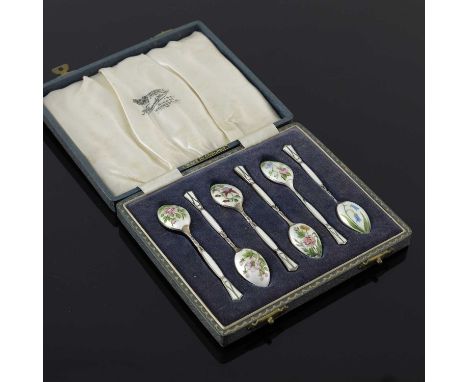 A cased set of six Elizabeth II silver and enamel coffee spoons, the obverse of each bowl featuring polychrome enamel decorat