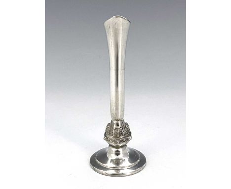 An Elizabeth II silver posy vase, the flared cylindrical stem with knop styled with Celtic-type decoration, atop a stepped sp