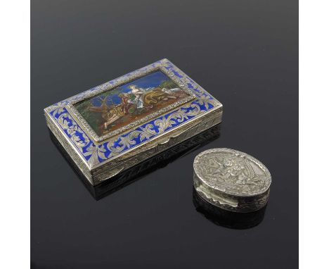 A twentieth-century Continental silver and enamel snuff box, of rectangular form, the slightly cushioned cover inset with a p