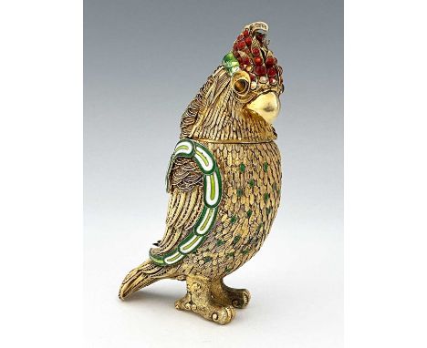 China.A twentieth-century Chinese gilded and polychrome enamel filigree Cockatoo model canister box, or tea caddy, the detach
