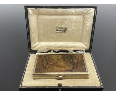 A twentieth-century French silver gilt box, of rectangular form, the exterior decorated with engine-turning, inset with panel