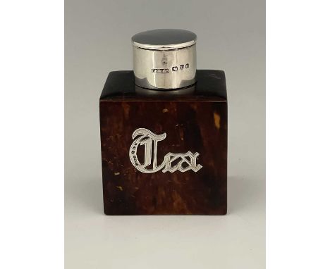 A Victorian silver and tortoiseshell mounted tea caddy, of rectangular form the body with pierced and applied, 'Tea' label in