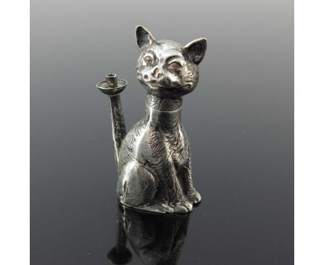A George V silver novelty table lighter, modelled in the form of a seated cat, the exterior decorated to simulate fur, the de
