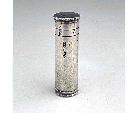 An Edwardian silver combination sewing needle holder and dispenser, of cylindrical form, the exterior with size gauge, measur