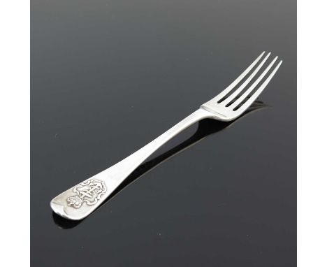 A Victorian silver Admiralty pattern silver main course fork, die stamped at the top of the stem with a crowned fouled anchor