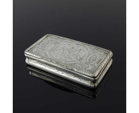 A nineteenth-century Continental silver snuff box, of rectangular form, the cover decorated with rococo scrolls and a landsca