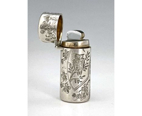 A Victorian silver Aesthetic style scent or perfume flask, of cylindrical form, the exterior decorated in the Japonesque tast