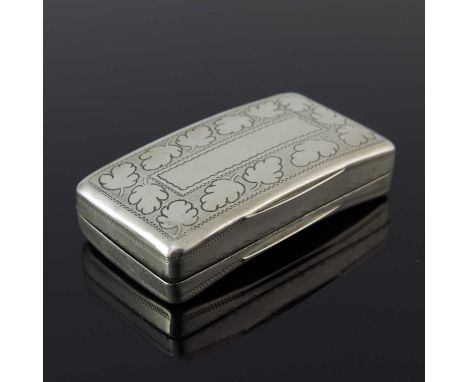 A George III silver snuff box, of rectangular cushioned form, the exterior with wriggle work and foliate decoration, with scr