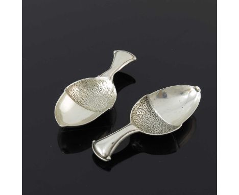 An Edwardian silver novelty acorn form caddy spoon, Thomas Bradbury &amp; Sons Ltd, Sheffield 1909, together with a similar e