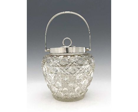 An Edwardian silver-mounted glass biscuit barrel, of bulbous form, the hobnail cut glass body with star-cut base, the silver 