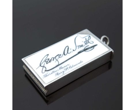 A Victorian silver and enamel calling card vesta case, of rectangular form, with applied enamel plaque of a calling card, 'Ge