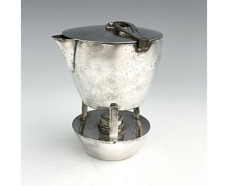 A late nineteenth or early twentieth century plated travelling or campaign kettle on stand, of tapering ovoid form, with hing