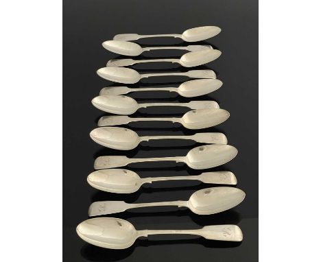 A set of twelve Victorian silver fiddle with shoulders pattern tablespoons, each engraved in script, 'R', George Adams, Londo