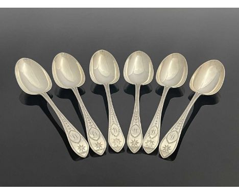 Newcastle.A set of six Victorian English provincial silver Celtic Point with bright-cut star pattern tablespoons, each initia