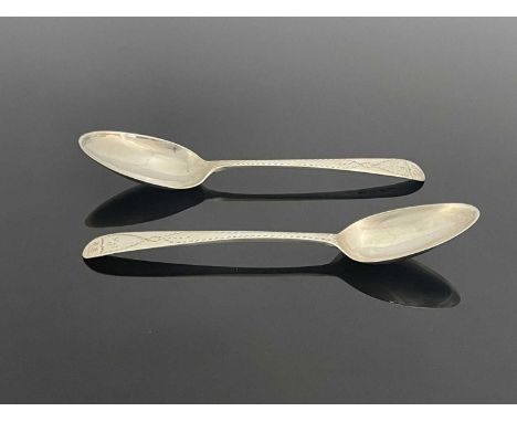 Newcastle.A pair of George III English provincial silver Celtic Point pattern tablespoons, with feathered edge, initialled, '