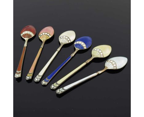 A set of six Elizabeth II silver gilt and enamel Art Deco style teaspoons, each decorated with guilloche polychrome enamel, T