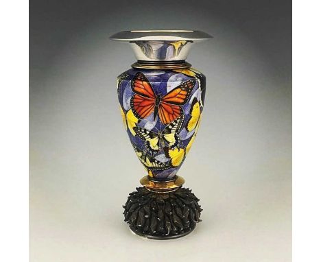 (†) Fred Rich. An Elizabeth II silver and enamel vase, of baluster form with gilt upper and lower bands and flared rim, with 