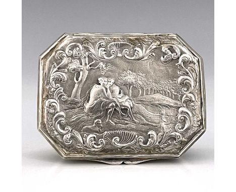 A Continental nineteenth-century silver-coloured metal snuff box, of rectangular form with canted corners and stepped base, t