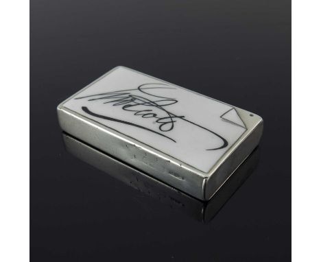 A Victorian silver calling card vesta case, of rectangular form with applied enamel plaque of a calling card, with signature,