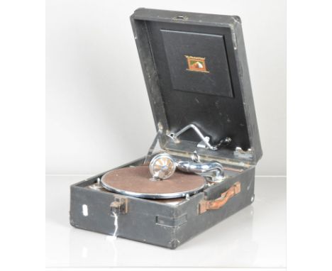 A portable gramophone, HMV Model 102A, No. 102030659, with No 6 autobrake, 16 sound box (no needle screw, tone-arm joint stif