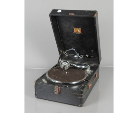Two HMV portable gramophones, 102, early model with No 5 brake and 16 sound box (motor runs, lid stay and tone-arm clip detac