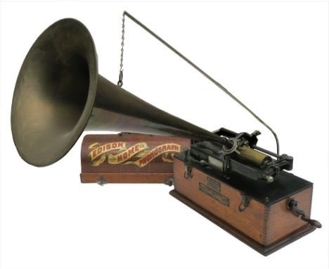 An Edison Home phonograph, 'suitcase' model, No. H2593, with Automatic reproducer No. 997, two Edisonia plaques, brass mandre