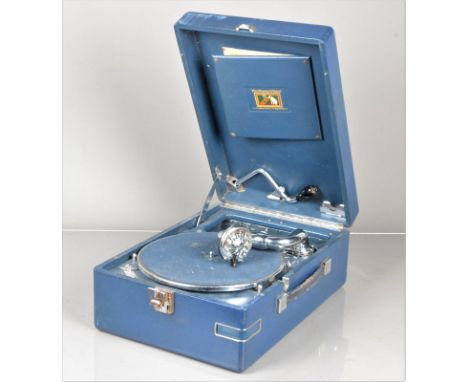 A portable gramophone, HMV Model 102, in blue case with 5B sound box, 1935 (motor runs, dismantled, some screws and turntable