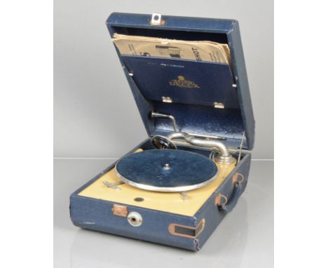 A portable gramophone, Decca Model 10, in blue ostrich-skin grained case with rounded ends, dated 21.10 37 (motor works, case