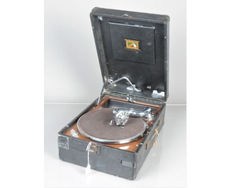 Three portable gramophones, HMV Model 102: a 102H, 1953, with 5B sound box (lacking motor board screws, case poor, motor runs