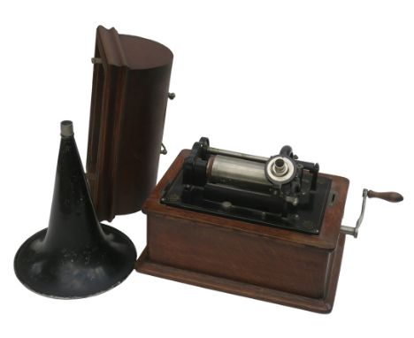 A phonograph, of unknown make but very similar to an Edison Standard, No. 688, the top hinged at the front, with double-sprin