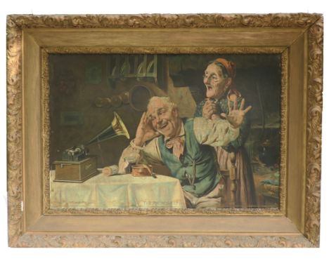The Phonograph, an oleograph reproduction of the Mazzani painting of a couple listening to an Edison phonograph, in gilt fram