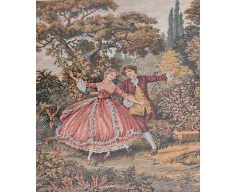 A vintage Danza European jacquard woven wall tapestry. The tapestry depicting a scene of dancing couple in a garden. The artw