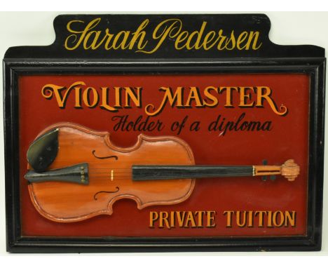 A vintage 1980s reproduction advertising sign for violin tuition. The sign with black border reading Sarah Pederson, Violin M