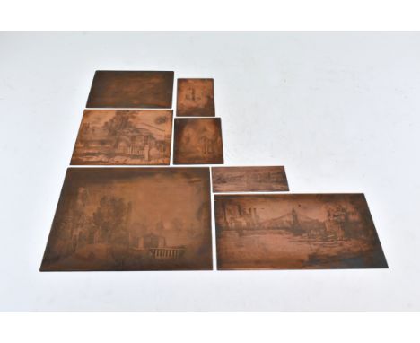 A collection of seven etching plates. The lot to include six English scenery examples, castle and houses, bridge by the canal