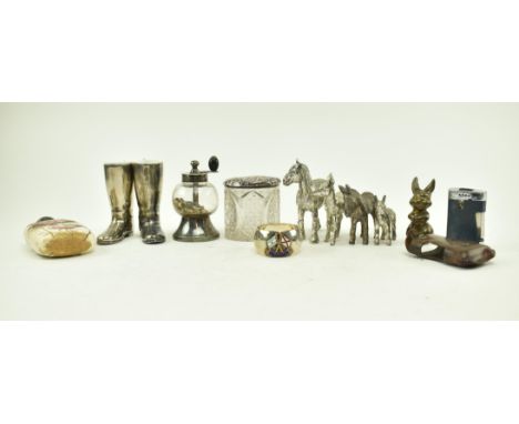 A collection of curios to include a pair of silver plated pewter metal horse, foal and a pony, bronze fawn and a rabbit, two 