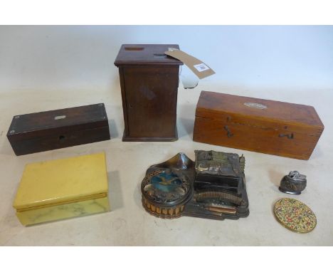 A collection of boxes and a 20th century Chinese trinket box on fitted stand with matching lighter 