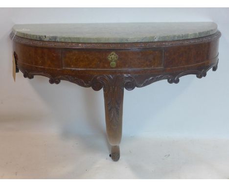 A Queen Anne style burr walnut console table with marble top, H.73 W.87 D.39cm 