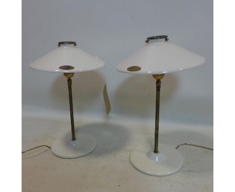 A pair of French brass and ceramic table lamps, H.40cm 