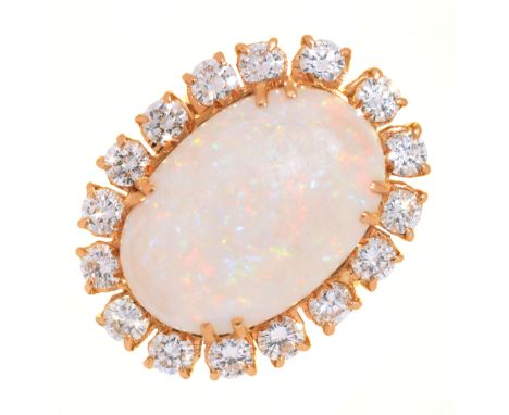 AN OPAL AND DIAMOND CLUSTER RING, THE OPAL CABOCHON 3.8CT APPROX, BRILLIANT CUT DIAMONDS 2CT APPROX, IN GOLD MARKED 750, 8G, 