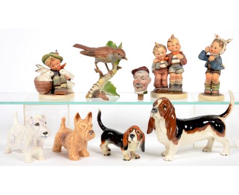 FOUR BESWICK, SYLVAC, GOEBEL AND OTHER MODELS OF DOGS, TWO W. GOEBEL FIGURES OF CHILDREN MODELLED BY M. J. HUMMEL, ETC 